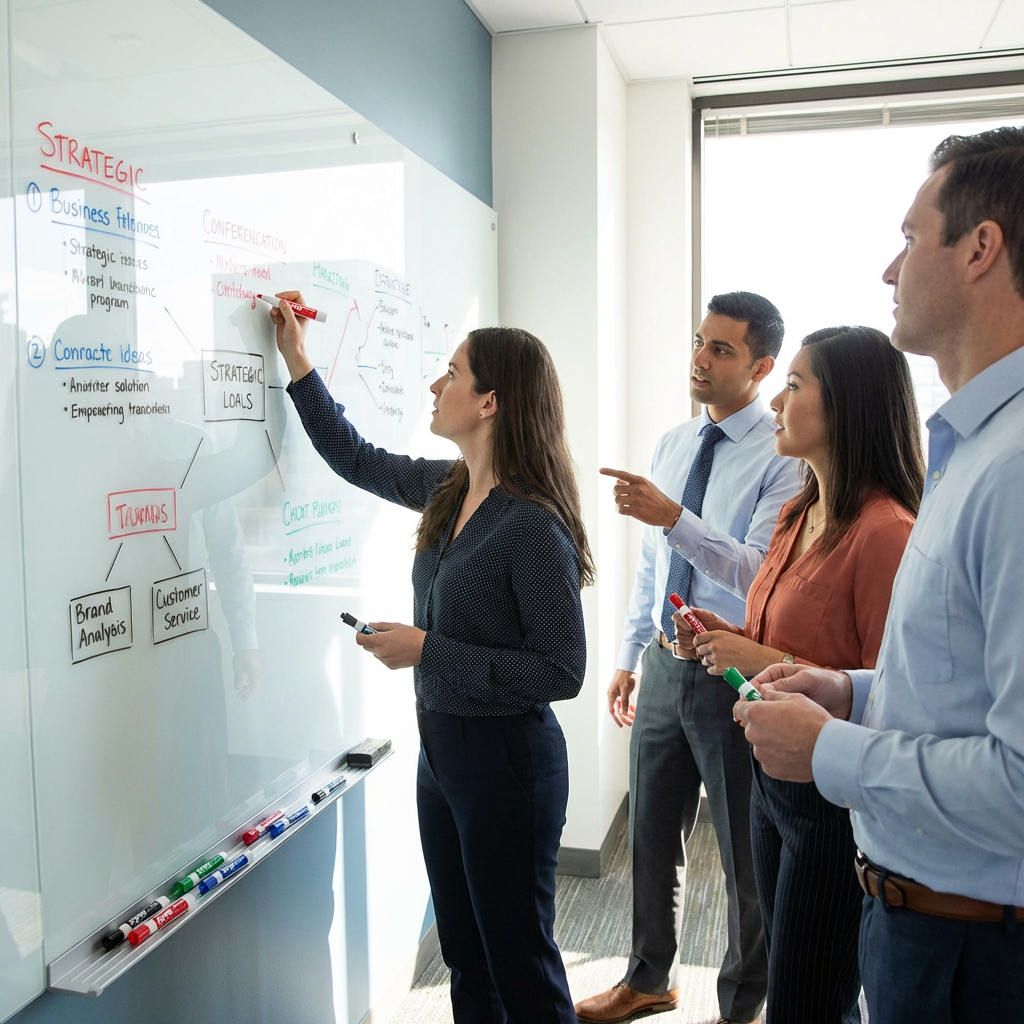 Four professionals collaborate on a glass whiteboard, using assorted EXPO dry erase markers.
