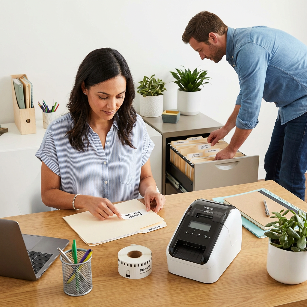 A woman uses Brother DK-1203 file folder labels with a Brother QL-820NWB printer in a bright home office, while a man organizes a cabinet with labeled folders.