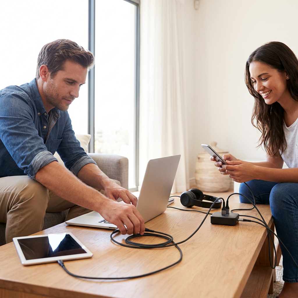 A couple in a sunlit living room uses multiple Tech Basics braided cables to charge a laptop, tablet, and phone, suggesting popularity and trust in a realistic setting.
