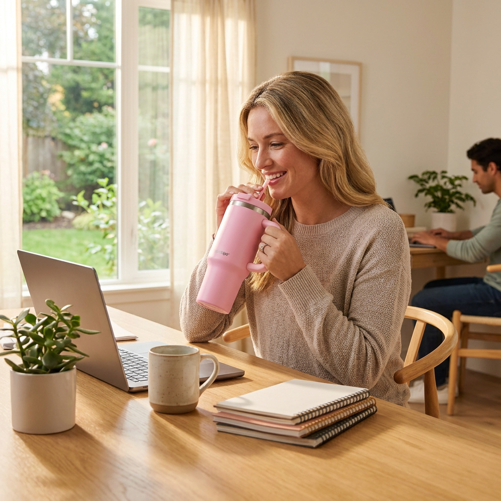 A woman happily sips from the pink Contigo Streeterville tumbler while working at her home office desk.