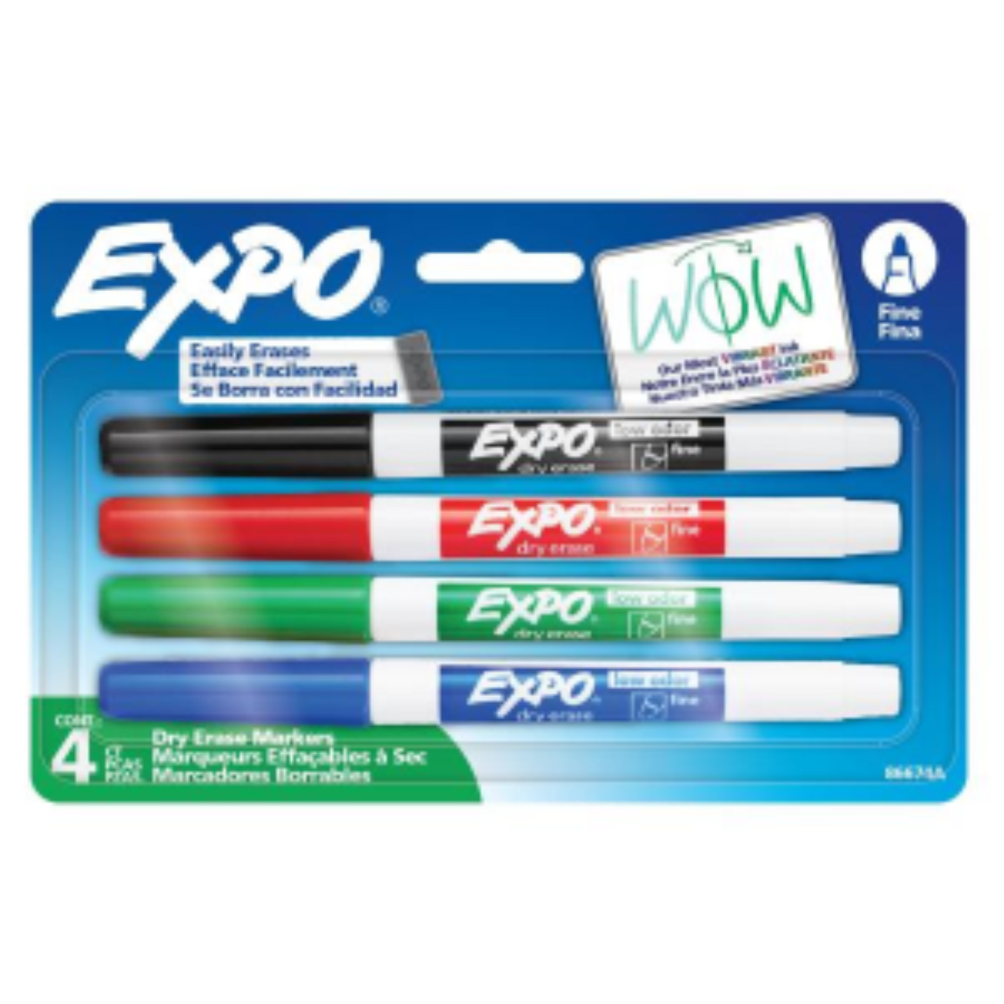 EXPO Low Odor Dry Erase Markers, 4-pack of fine tip markers in black, red, green, and blue.