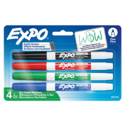 EXPO Low Odor Dry Erase Markers, 4-pack of fine tip markers in black, red, green, and blue.