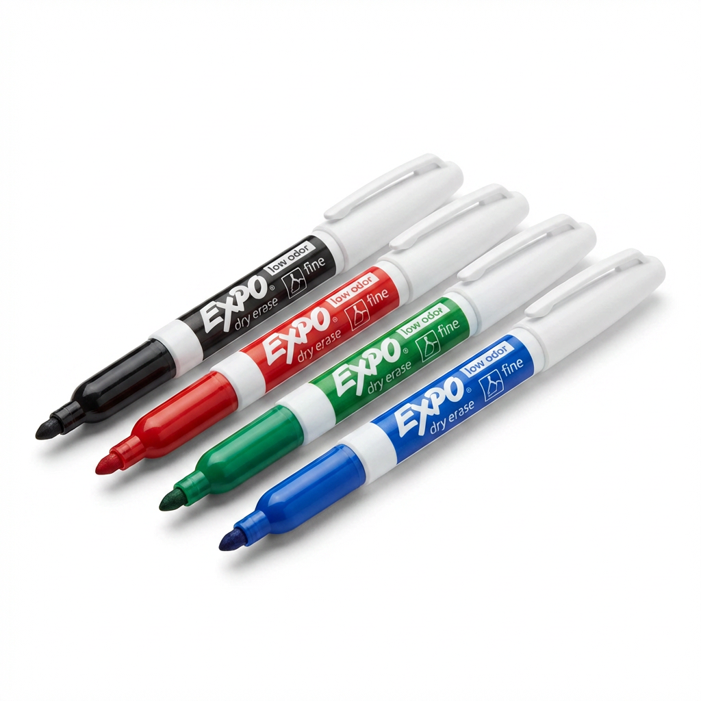 A photorealistic studio photo of four Expo Low Odor Dry Erase markers (black, red, green, blue) with fine tips, angled left on a pure white background with a soft shadow.