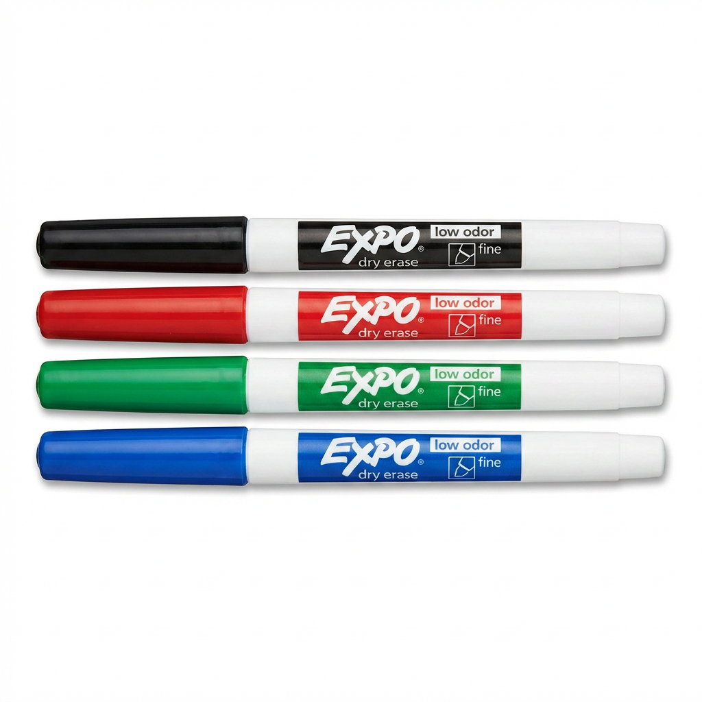 Photorealistic studio product shot of four Expo dry erase markers (black, red, green, blue) angled right on a white background with a soft shadow.