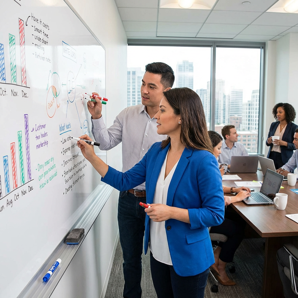 The generated image is a photorealistic photo of a business team actively using the Expo EXPO Dry Erase Markers (MPN: 86674A) from the 4-count assorted pack. Two professionals are writing on a whiteboard with the black and red markers, while the green and blue markers are also present and in use. The scene is a bright, modern office, demonstrating the product's natural use and popularity.