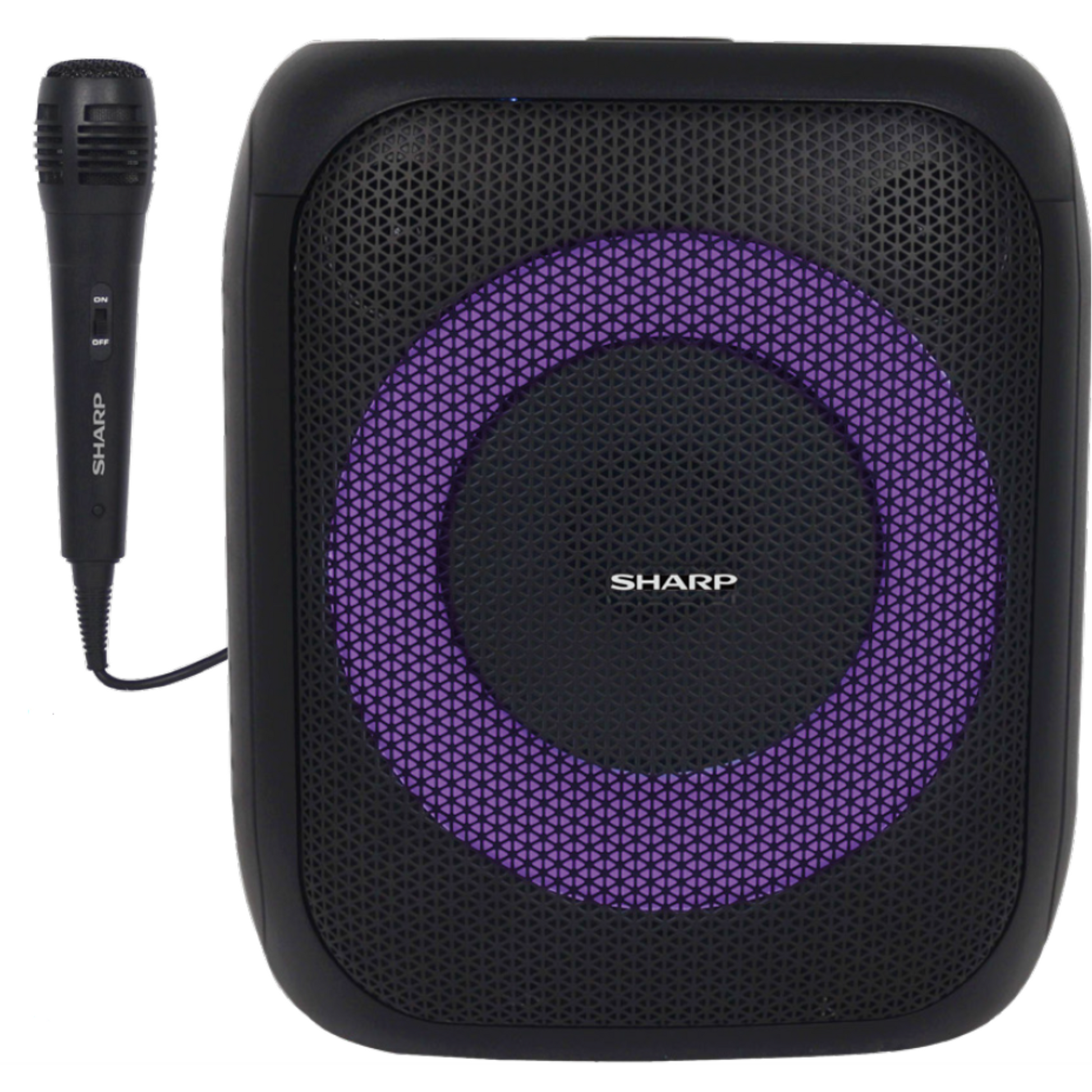 Sharp PS-914 portable Bluetooth speaker with purple LED rings and a connected wired microphone.