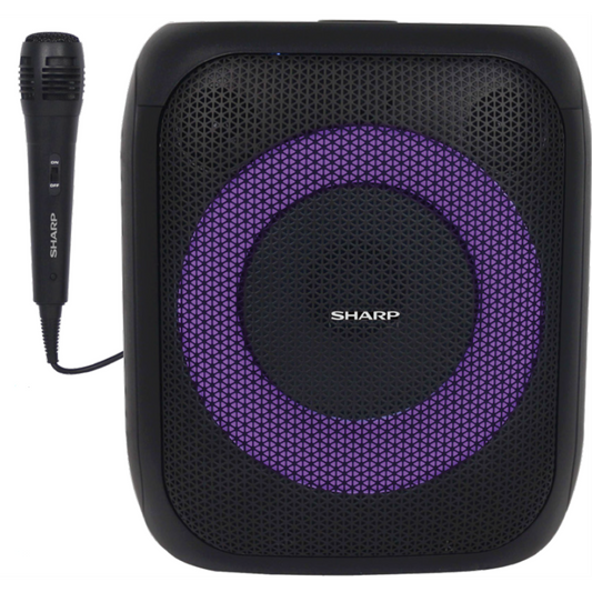Sharp PS-914 portable Bluetooth speaker with purple LED rings and a connected wired microphone.