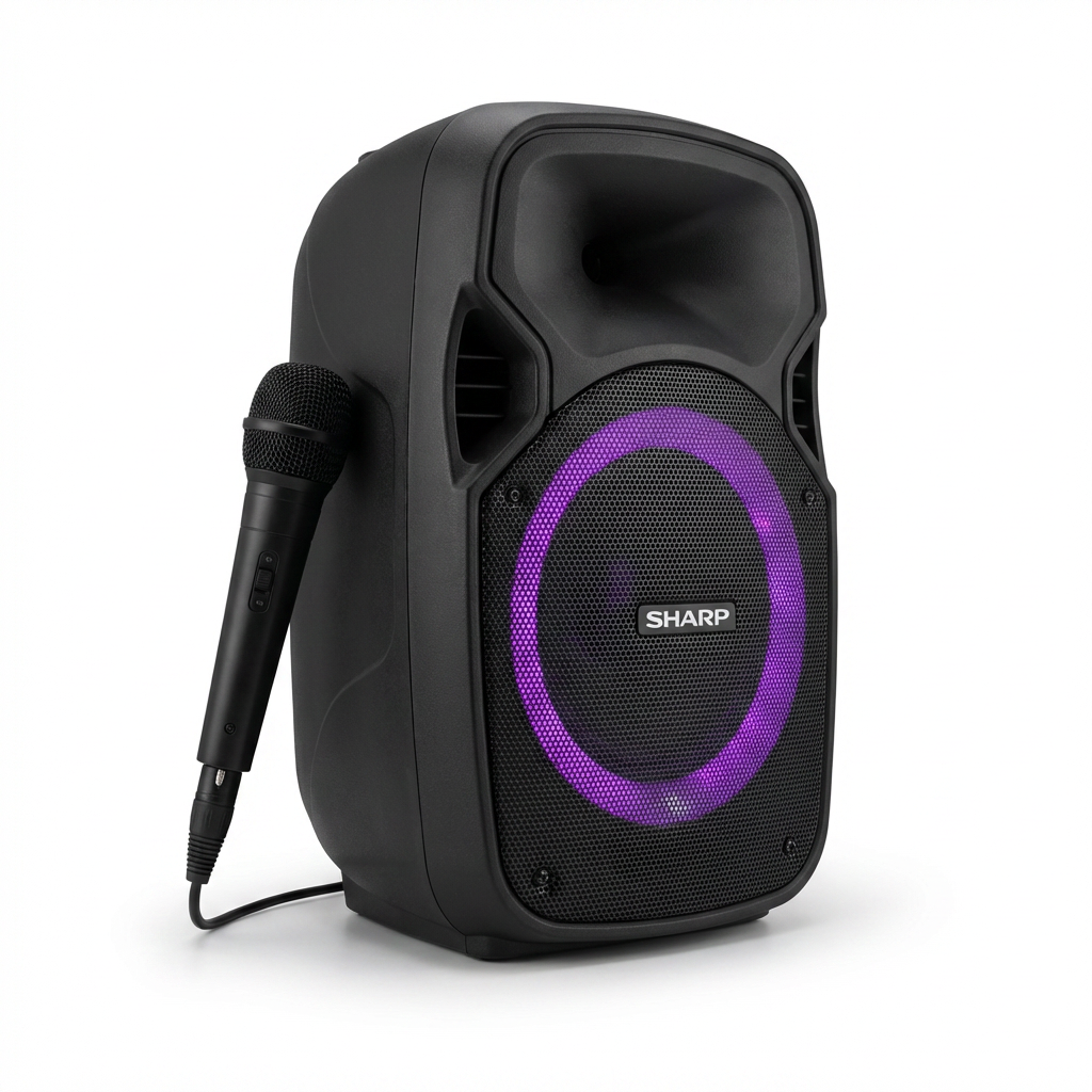 A photorealistic studio photograph of the black SHARP PS-914 party speaker with its wired microphone, angled to show the left side and front. The purple LED light ring is illuminated. The product is centered on a pure white background with a soft shadow.