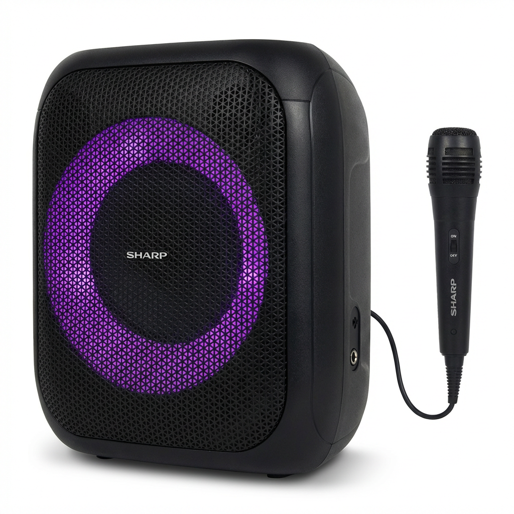 A photorealistic studio photograph of the SHARP PS-914 speaker and microphone, angled right on a white background with a soft shadow.