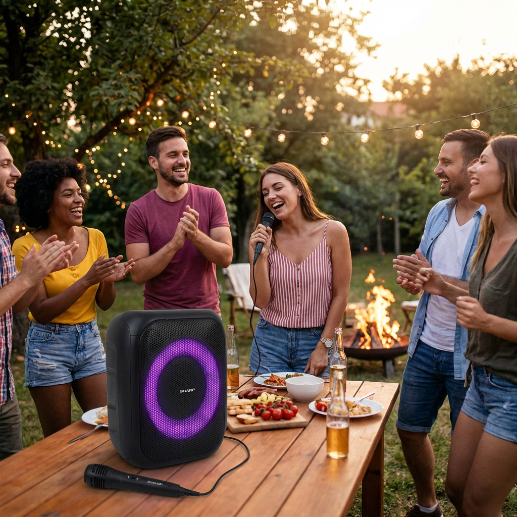 A group of friends enjoys karaoke during a backyard party, with one woman singing into the Sharp PS-914 speaker's microphone.
