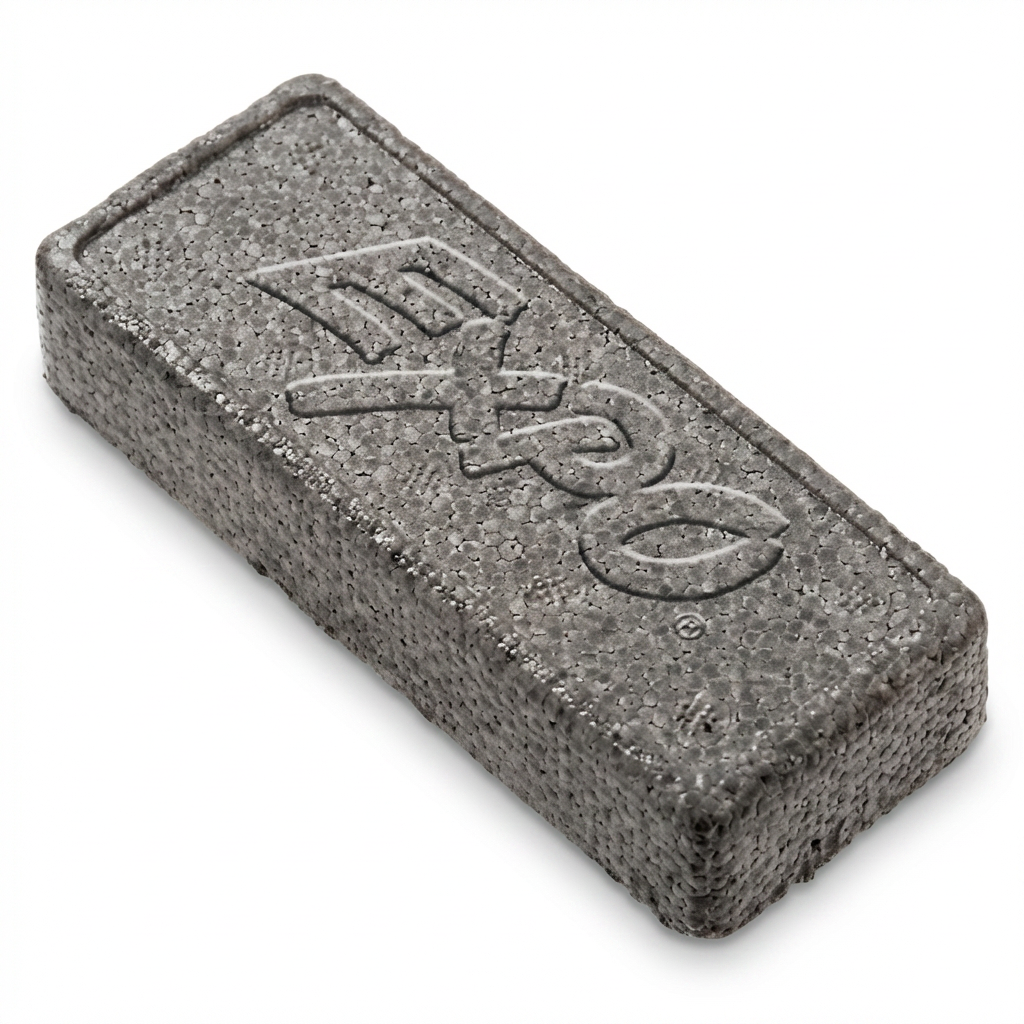 A photorealistic studio photograph of a grey speckled foam Expo whiteboard eraser, centered on a pure white background with a soft shadow. The eraser is angled to show its right side and top surface with the embossed Expo logo.