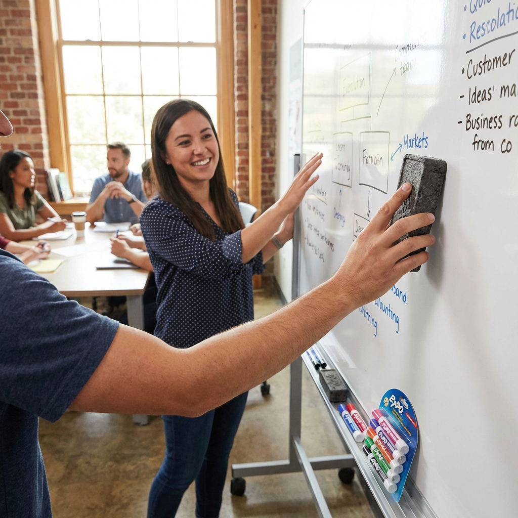 A person in a busy office is shown writing and erasing on a whiteboard with the dark grey Expo block eraser, while colleagues collaborate.