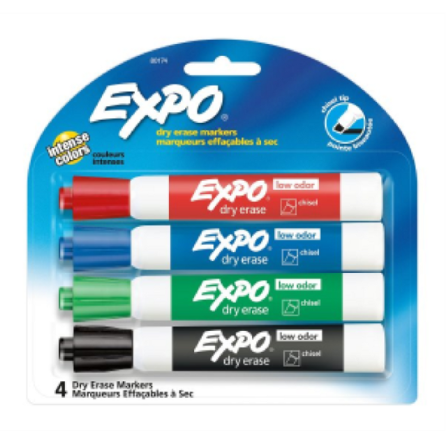 Expo Low Odor Dry Erase Markers, Chisel Tip, 4-Pack in red, blue, green, and black.