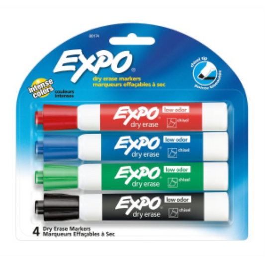 Expo Low Odor Dry Erase Markers, Chisel Tip, 4-Pack in red, blue, green, and black.