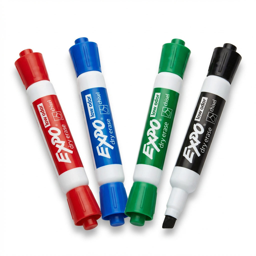 A photorealistic studio photograph captures four Expo dry erase markers in red, blue, green, and black, angled to show their left side and chisel tips. They are arranged on a seamless white background with a soft, natural shadow.