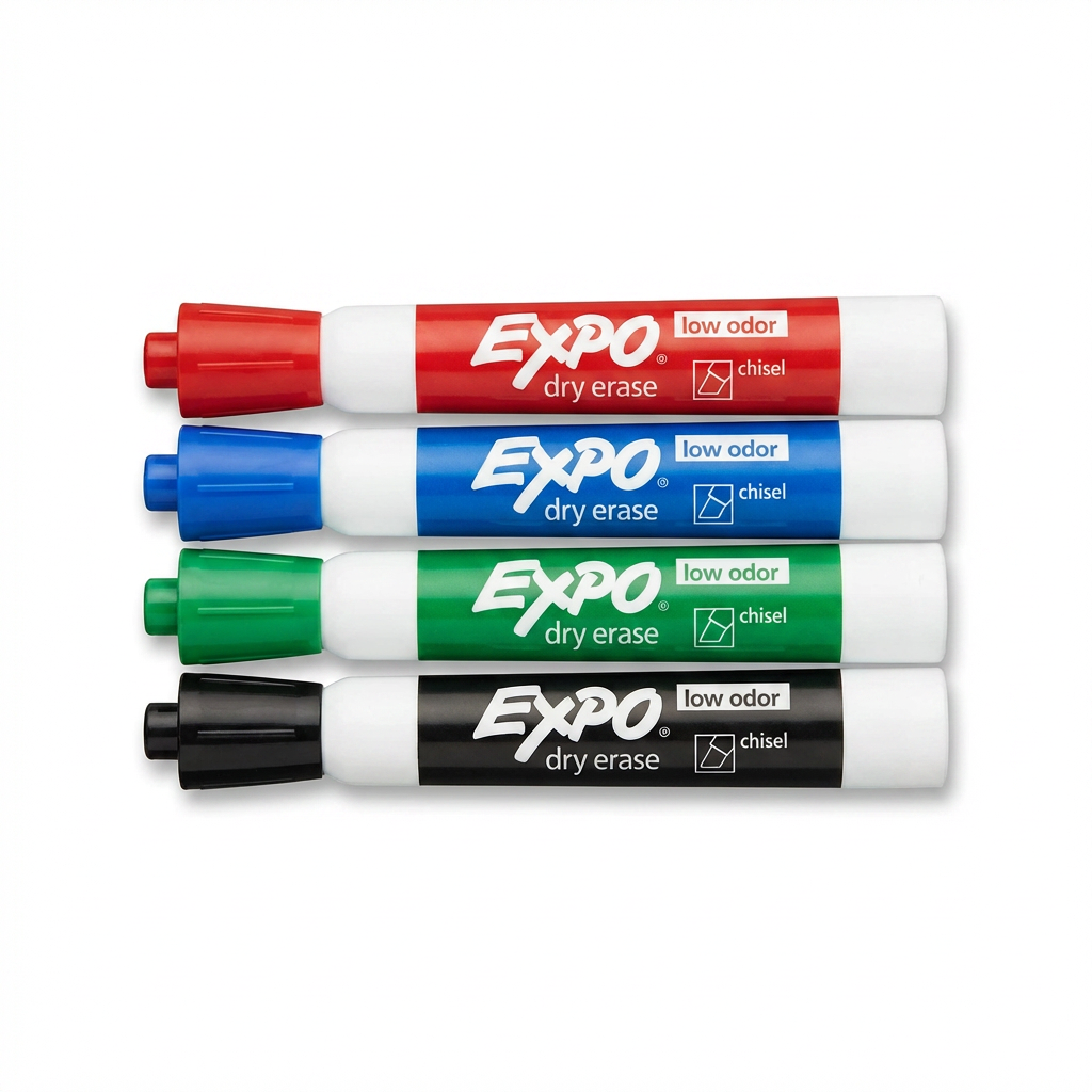 A photorealistic studio photograph of four Expo Low Odour Dry Erase Markers on a pure white background. The red, blue, green, and black chisel tip markers are arranged horizontally, angled towards the right, with soft shadows.