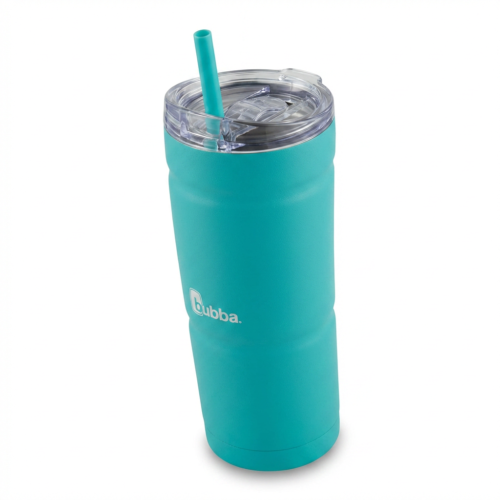 A photorealistic studio photograph of the 'Scuba' turquoise Bubba Envy S 24 oz stainless steel tumbler, angled to show its left side, on a white background with a soft shadow.