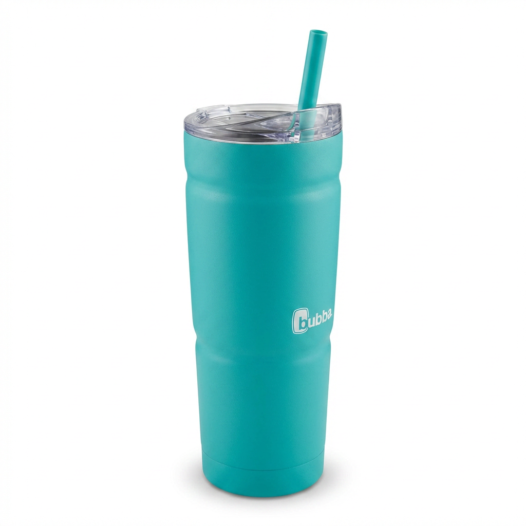 A photorealistic studio product photograph of the Bubba Envy S Stainless Steel Tumbler, 24 oz (709 ml), in Scuba teal with a straw lid and straw. The tumbler is angled to show its right side on a pure white background with a soft natural shadow. The 'bubba' logo is visible.