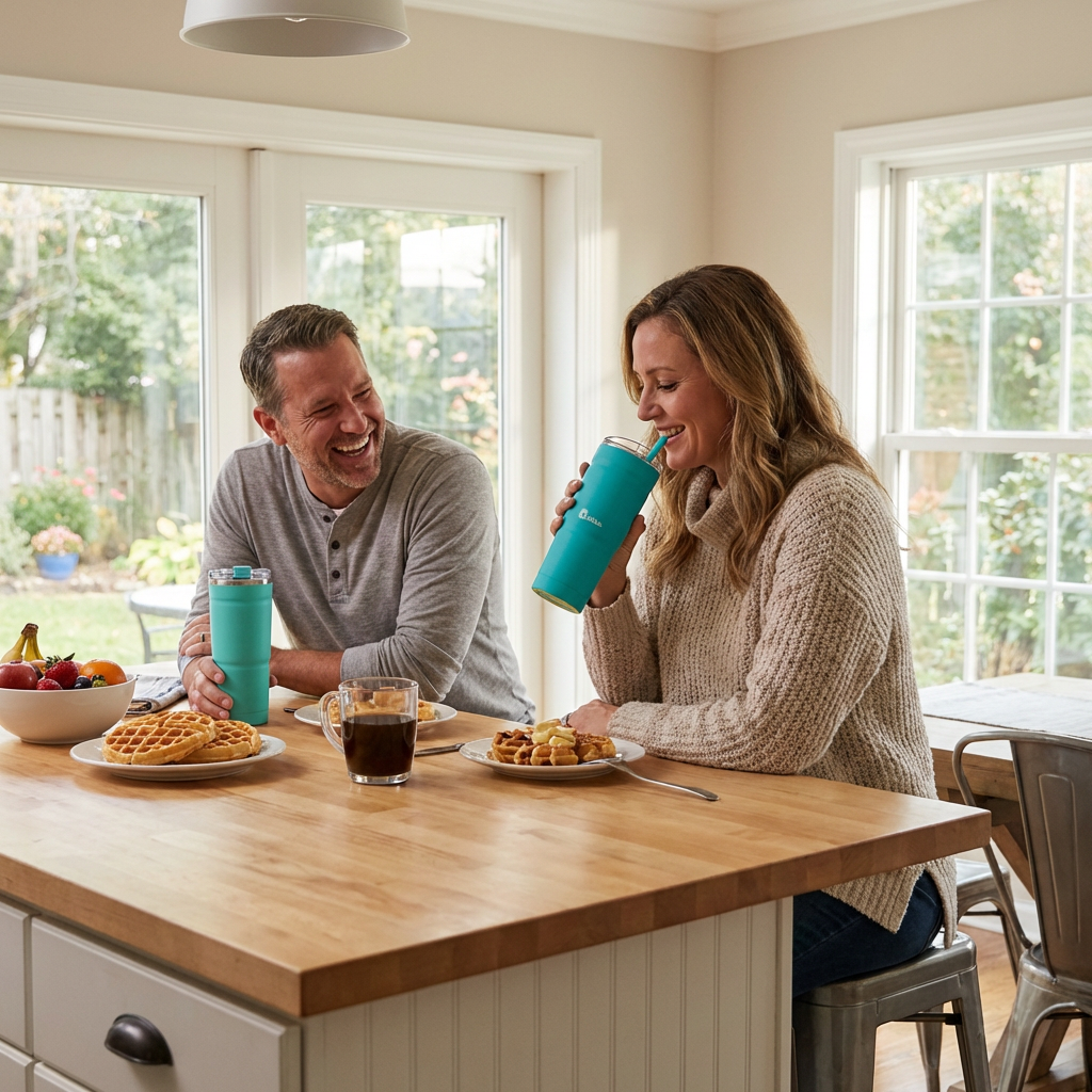 A couple in a sunlit kitchen, with the woman drinking from a bubba Envy S Stainless Steel Tumbler while the man smiles.