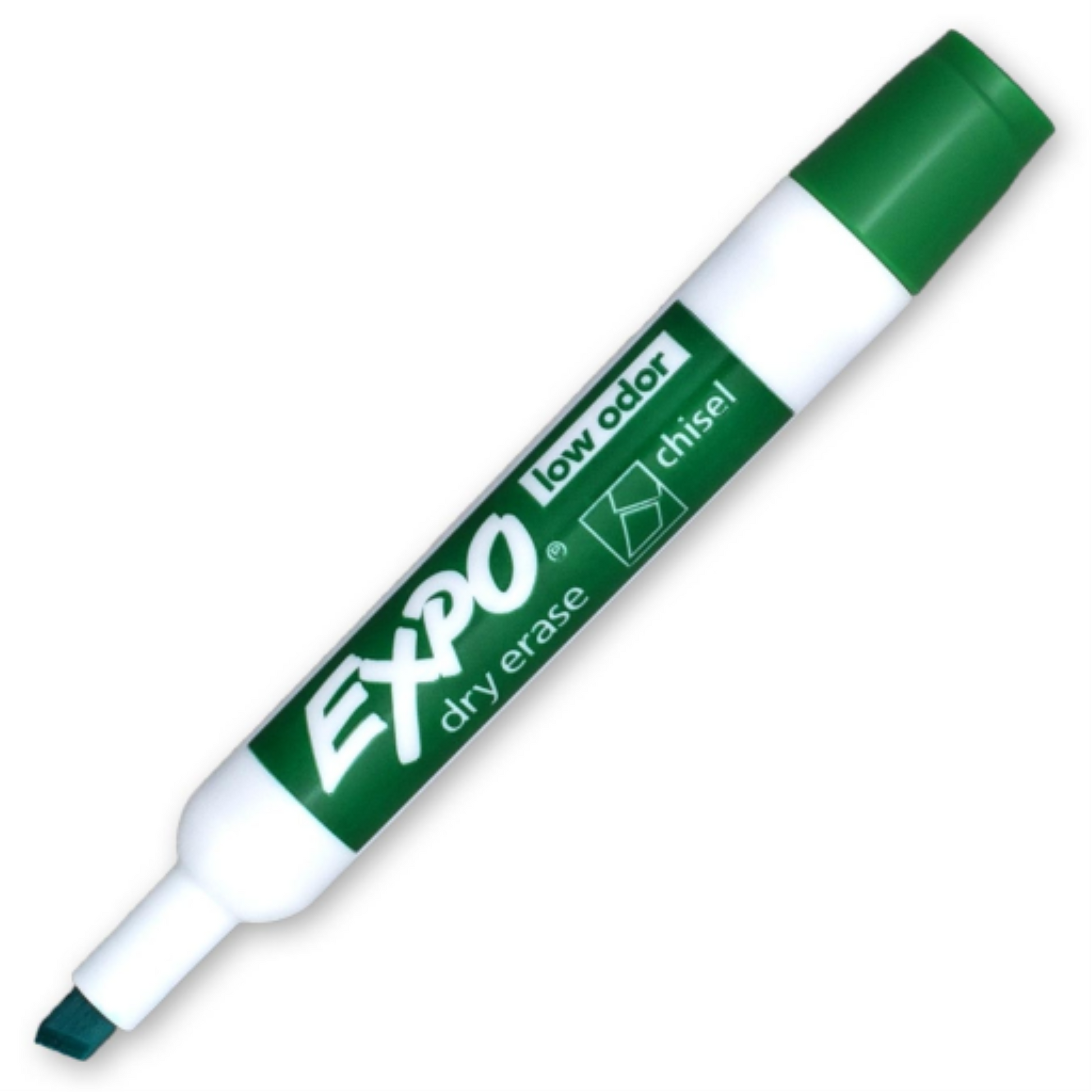 A green EXPO low odor dry erase marker with a chisel tip displayed on a plain white background.