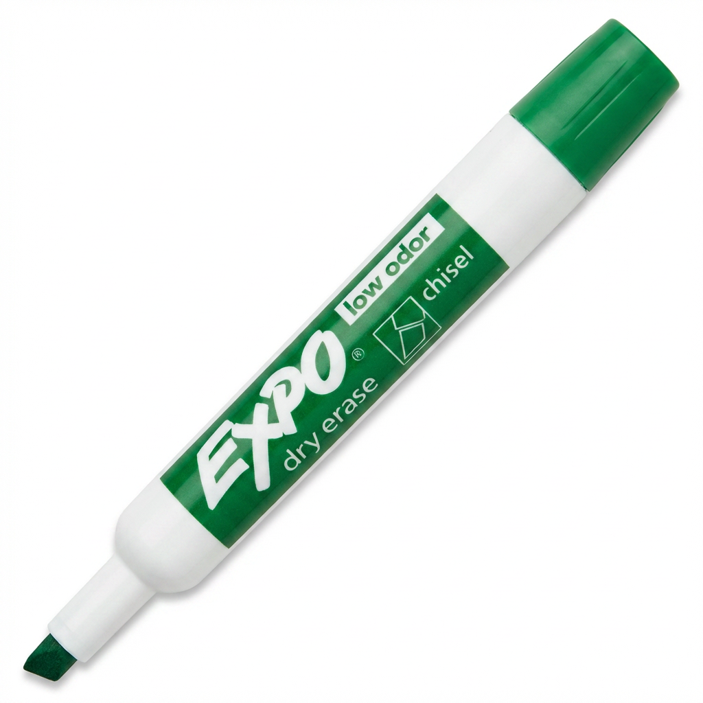 A photorealistic studio product photo of a single Expo green dry erase marker with a chisel tip, angled to show its left side on a pure white background with a soft shadow.