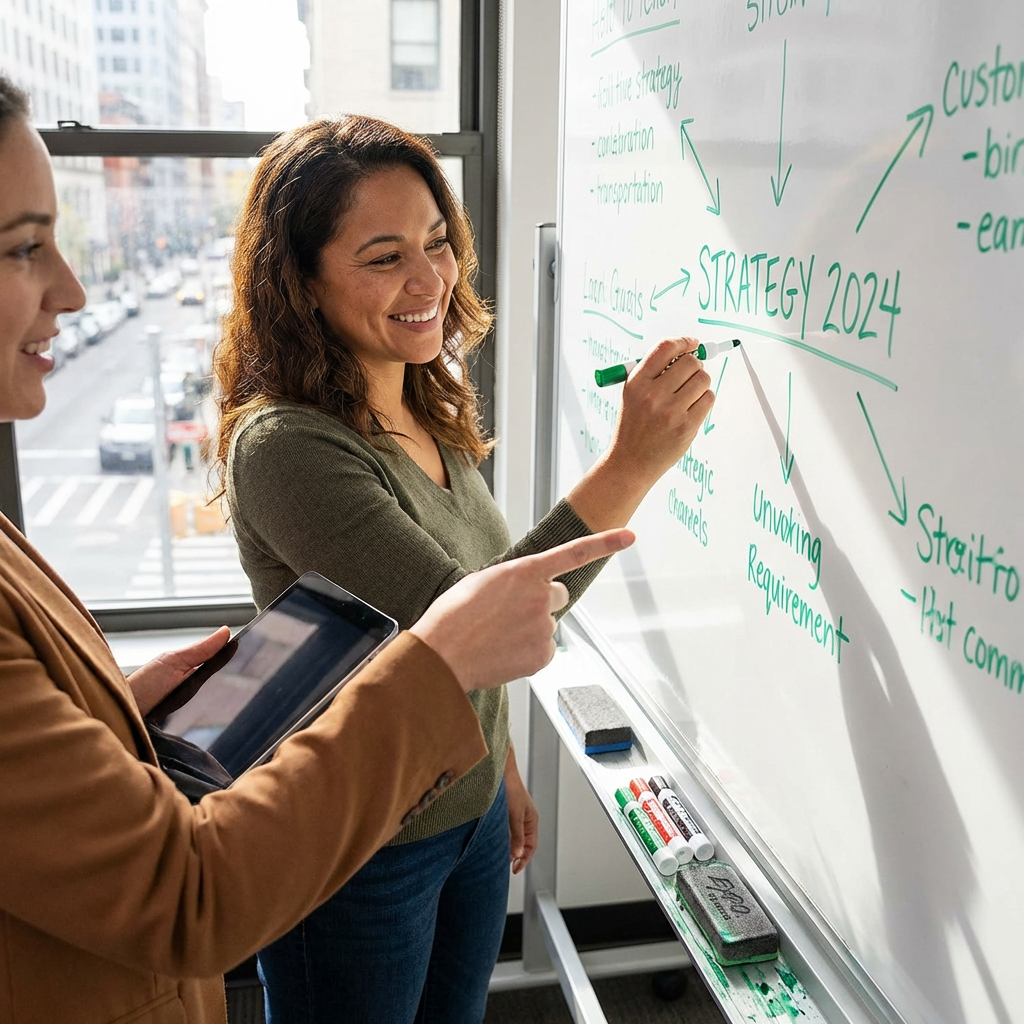 A woman uses the green Expo marker to write on a busy office whiteboard, collaborating with a colleague.