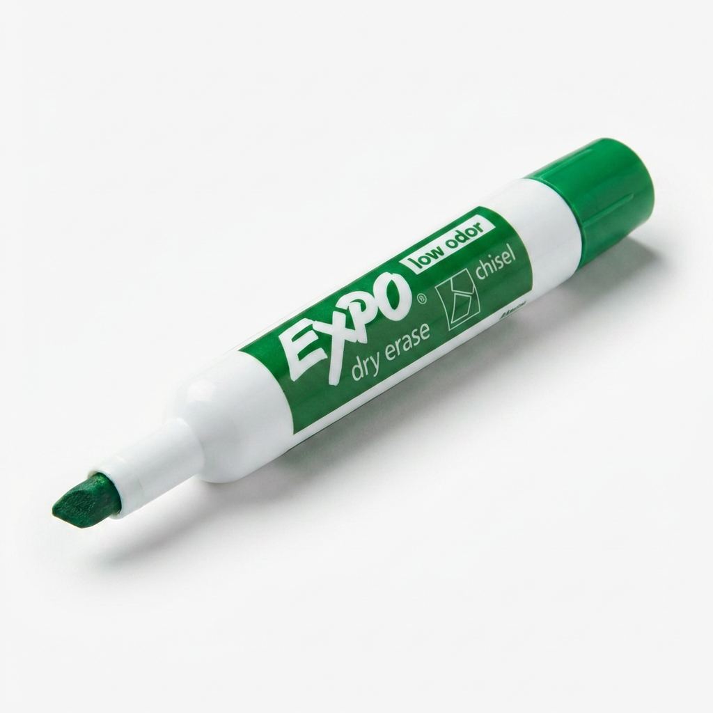 A studio photo of a green Expo Low Odor dry erase marker with a chisel tip, angled on a white surface.