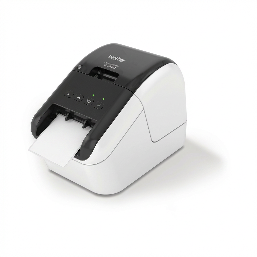 A studio product photograph of the white and black Brother QL-800 label printer, angled to show its left side on a pure white background with a soft shadow.