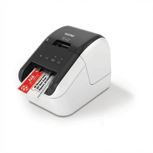Photorealistic studio photo of a Brother QL-800 label printer on a pure white background, angled right.
