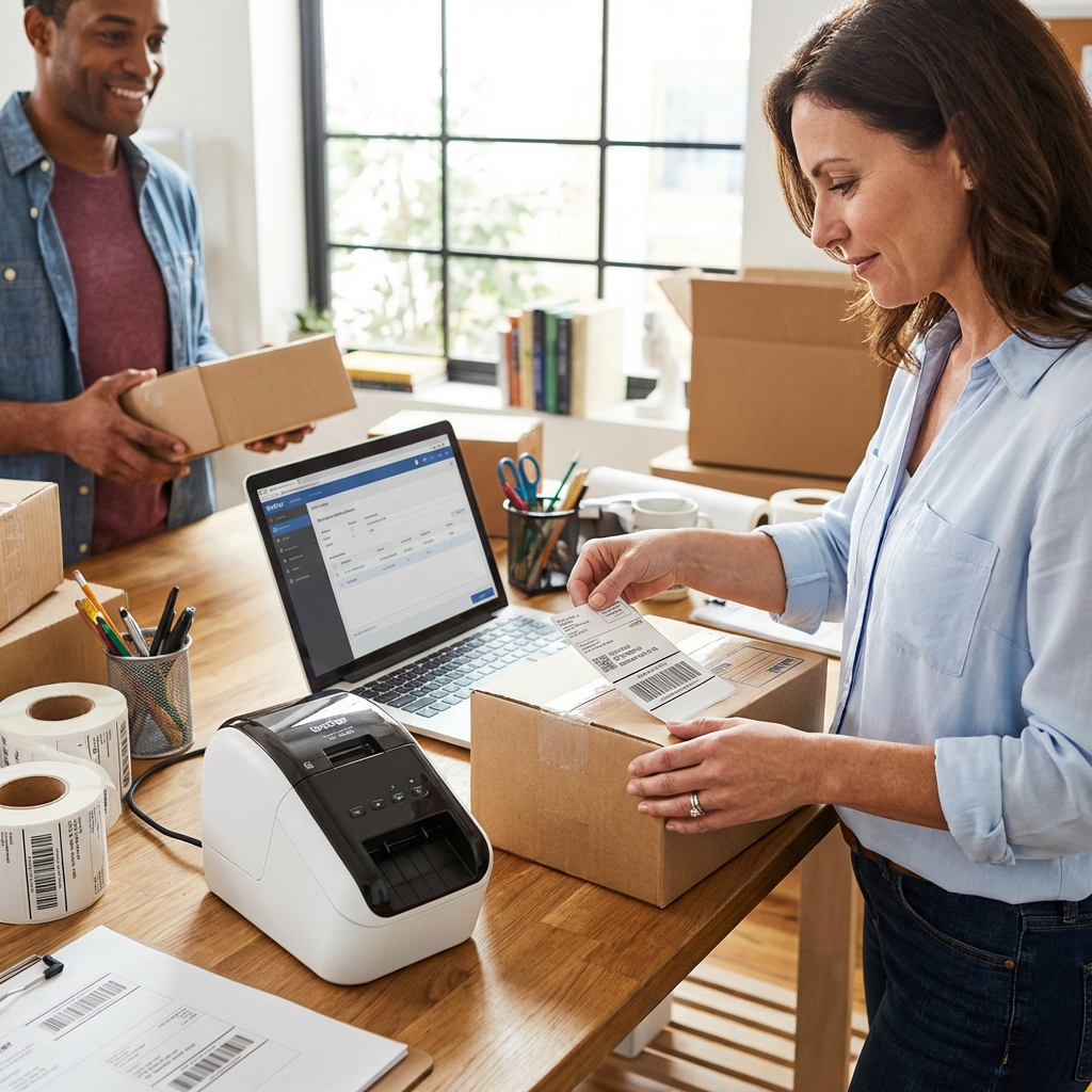 A candid photograph shows a woman applying a shipping label from the Brother QL-800 printer to a box in a bustling small business office.