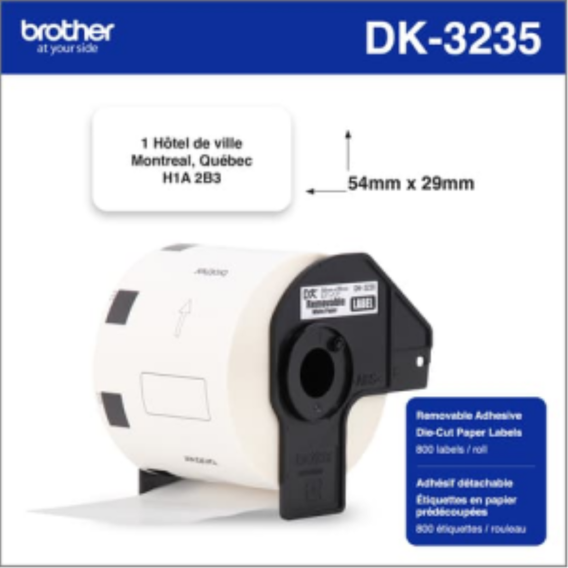 Brother DK-3235 genuine removable 54mm x 29mm white paper labels, 800 per roll on black spindle.
