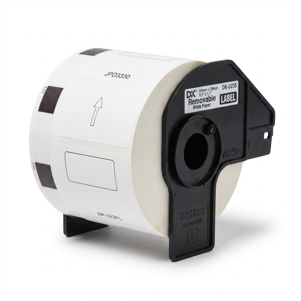 Photorealistic studio photograph of a Brother Genuine DK-3235 label roll, showing the black plastic holder and white removable paper labels.