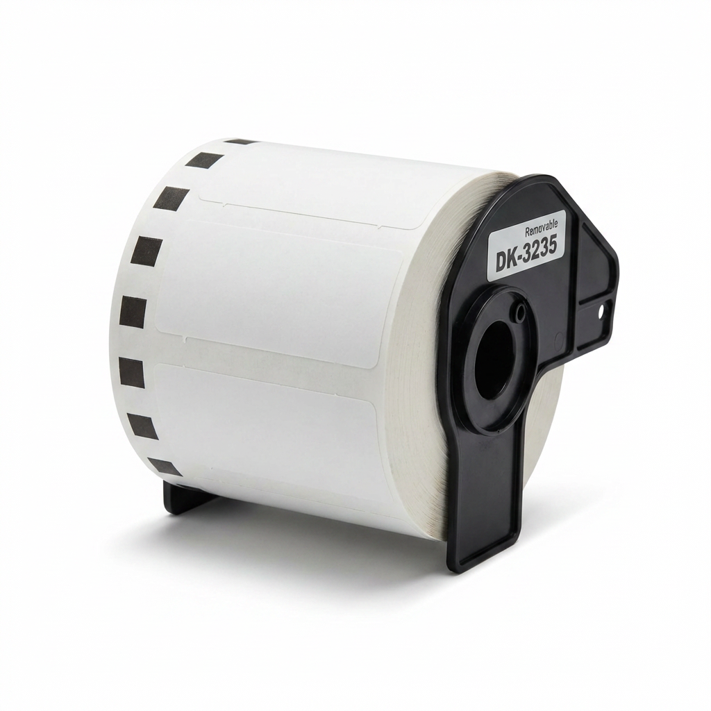 Photorealistic studio image of a Brother Genuine DK3235 removable white paper label roll on a pure white background, angled right with a soft shadow.