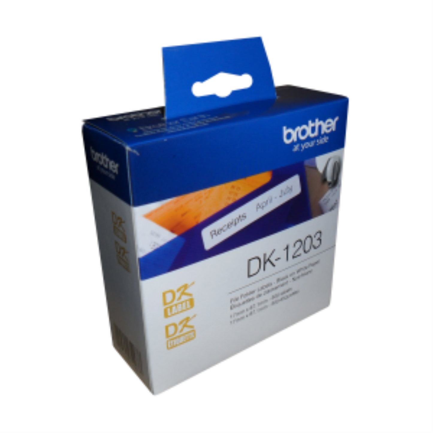 Box of Brother DK-1203 File Folder Labels containing 300 pre-sized white paper labels.