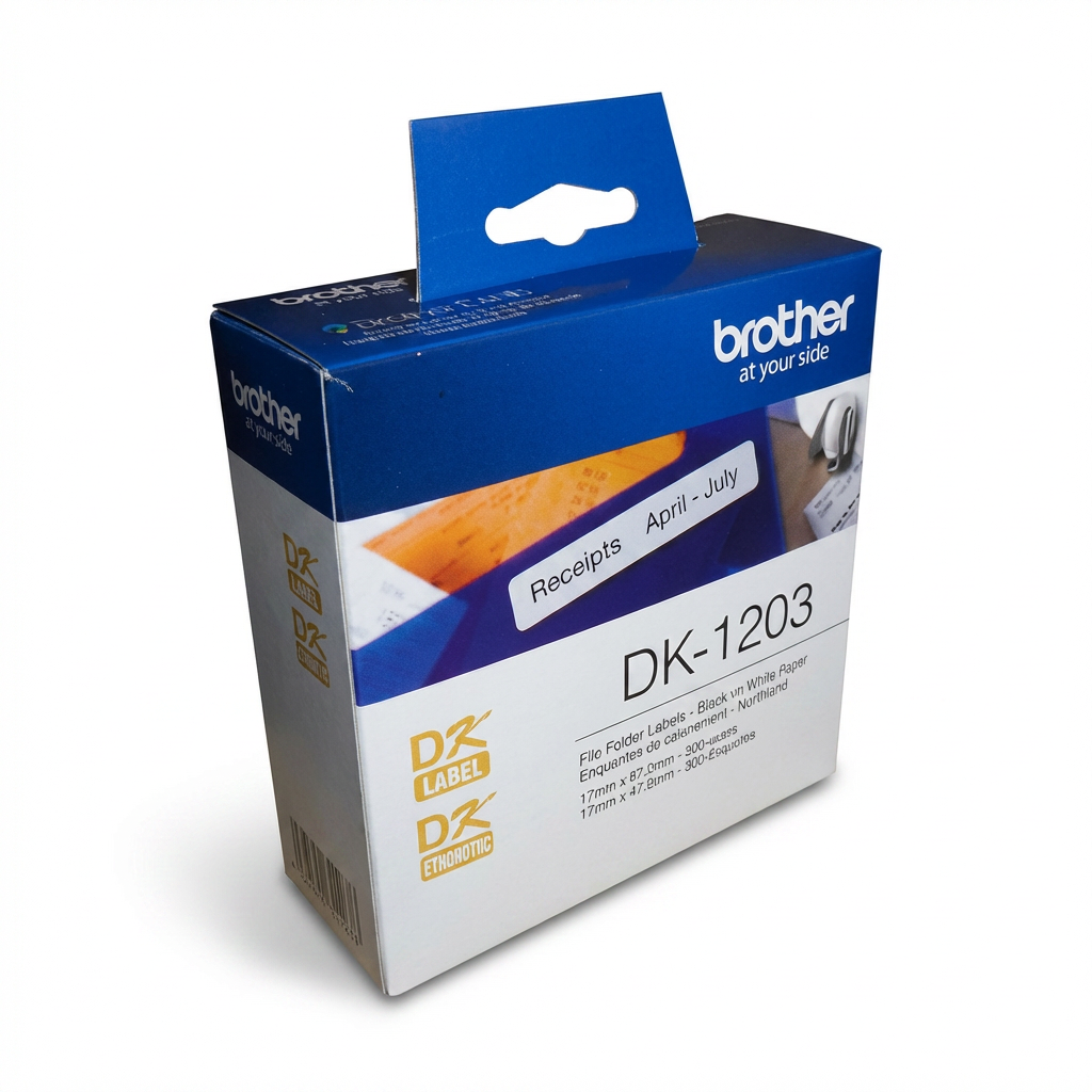 A photorealistic studio product shot of the Brother DK-1203 file folder label box on a pure white background, angled left with soft shadow.