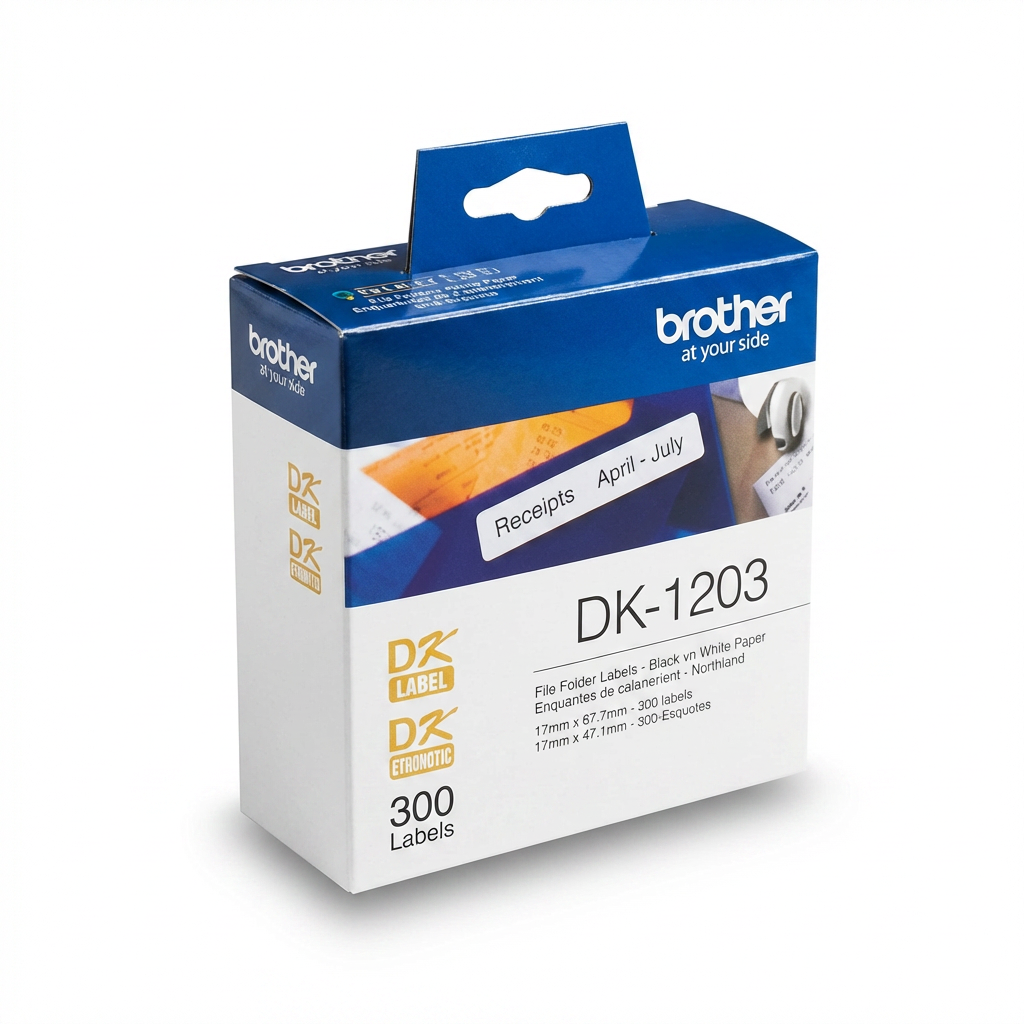 A photorealistic studio photograph of the Brother DK-1203 file folder label box on a pure white background.
