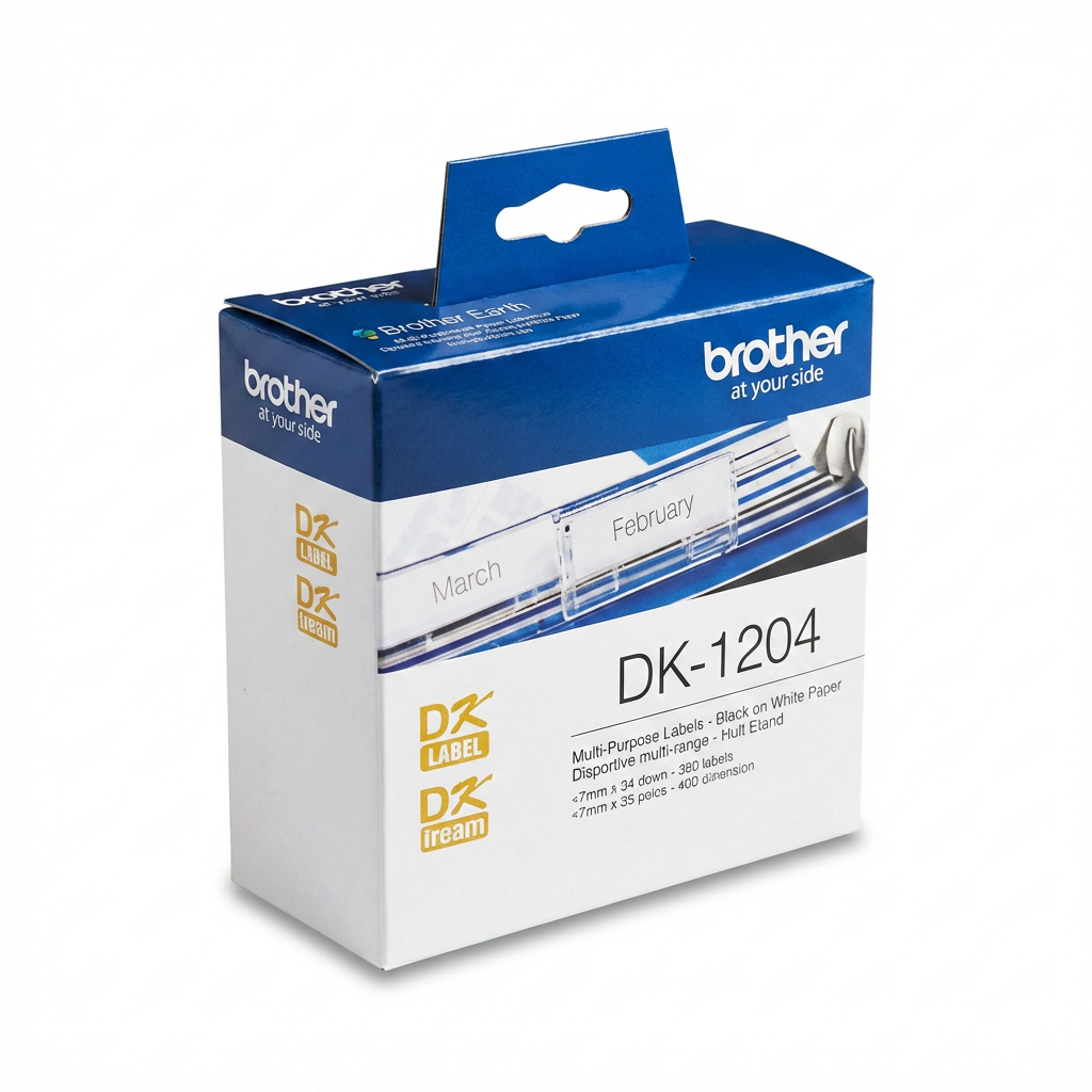 A photorealistic studio photograph of the Brother DK-1204 Multi-Purpose Paper Labels box, angled to show the left side and front, centered on a pure white background with a soft natural shadow.