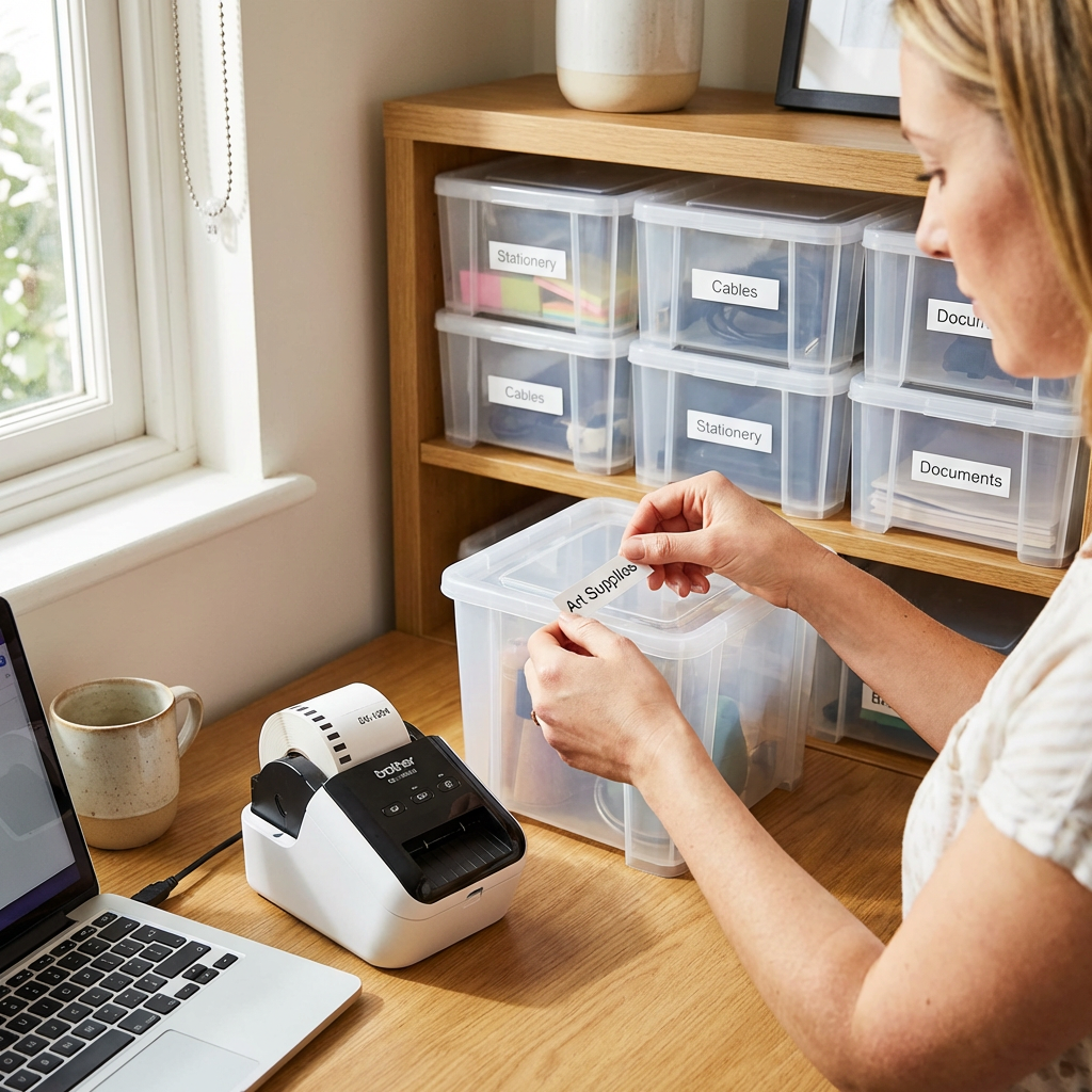 A lifestyle photo showing a woman in a sunlit home office applying a Brother DK-1204 label to a storage bin, using a label printer.