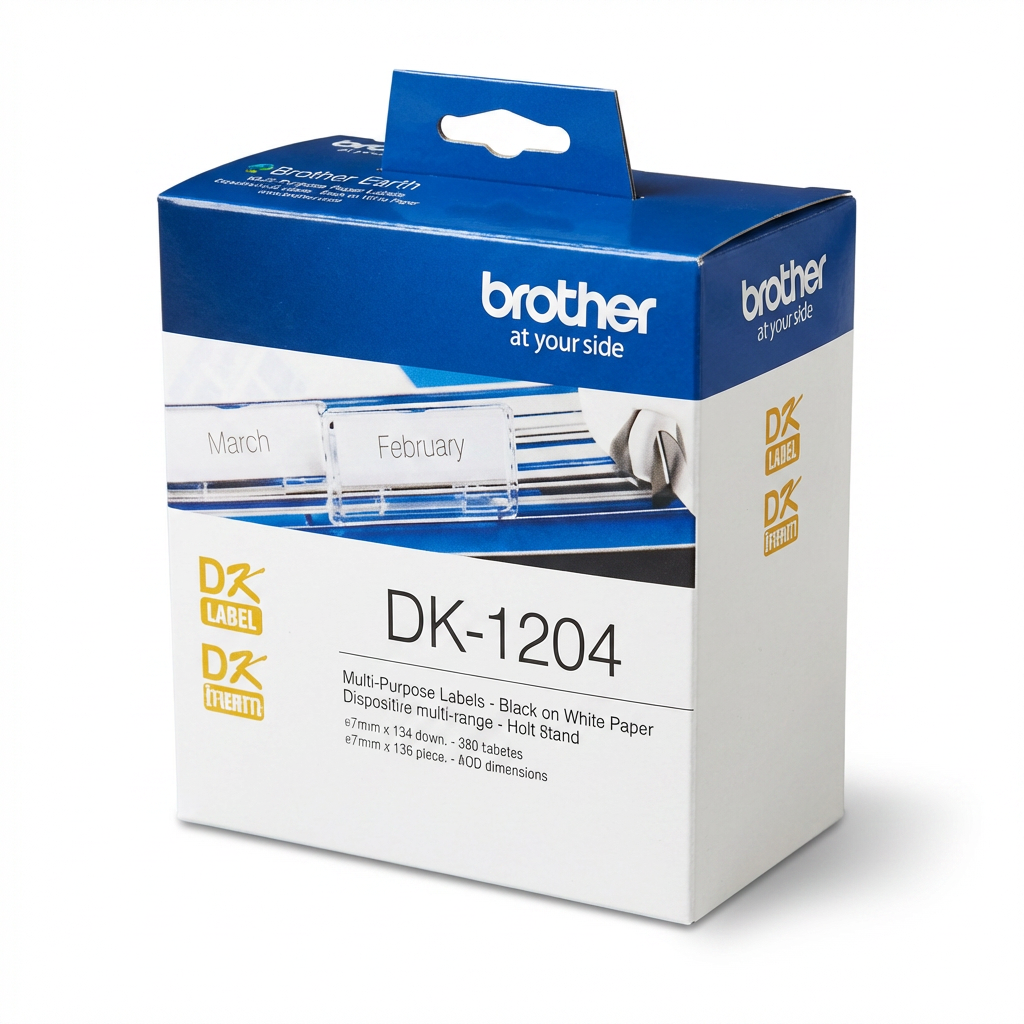 A photorealistic studio product photo of the Brother DK-1204 Multi-Purpose Paper Labels box, angled to show the front and right side. The box is centered on a pure white background with a soft natural shadow.