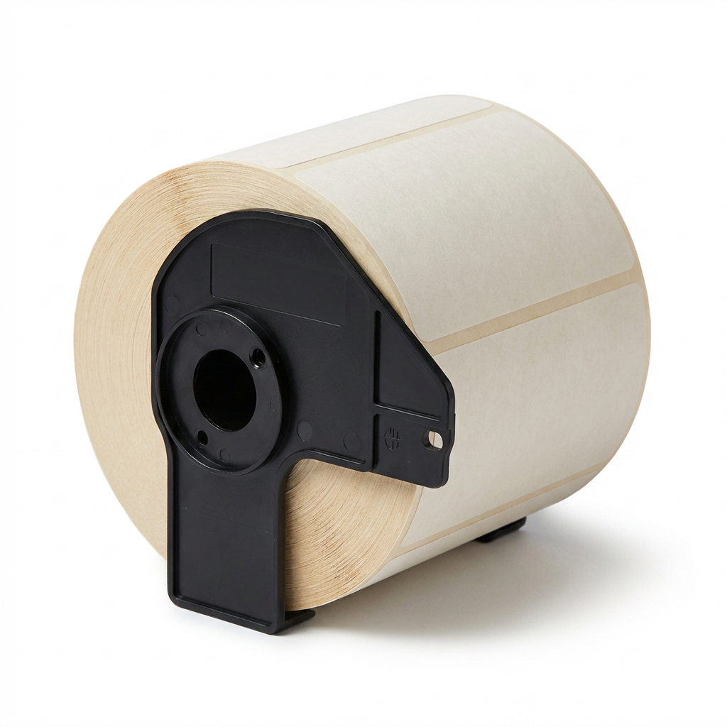 Photorealistic studio photograph of a Brother DK-1241 Large Shipping Labels roll, showing the right side.