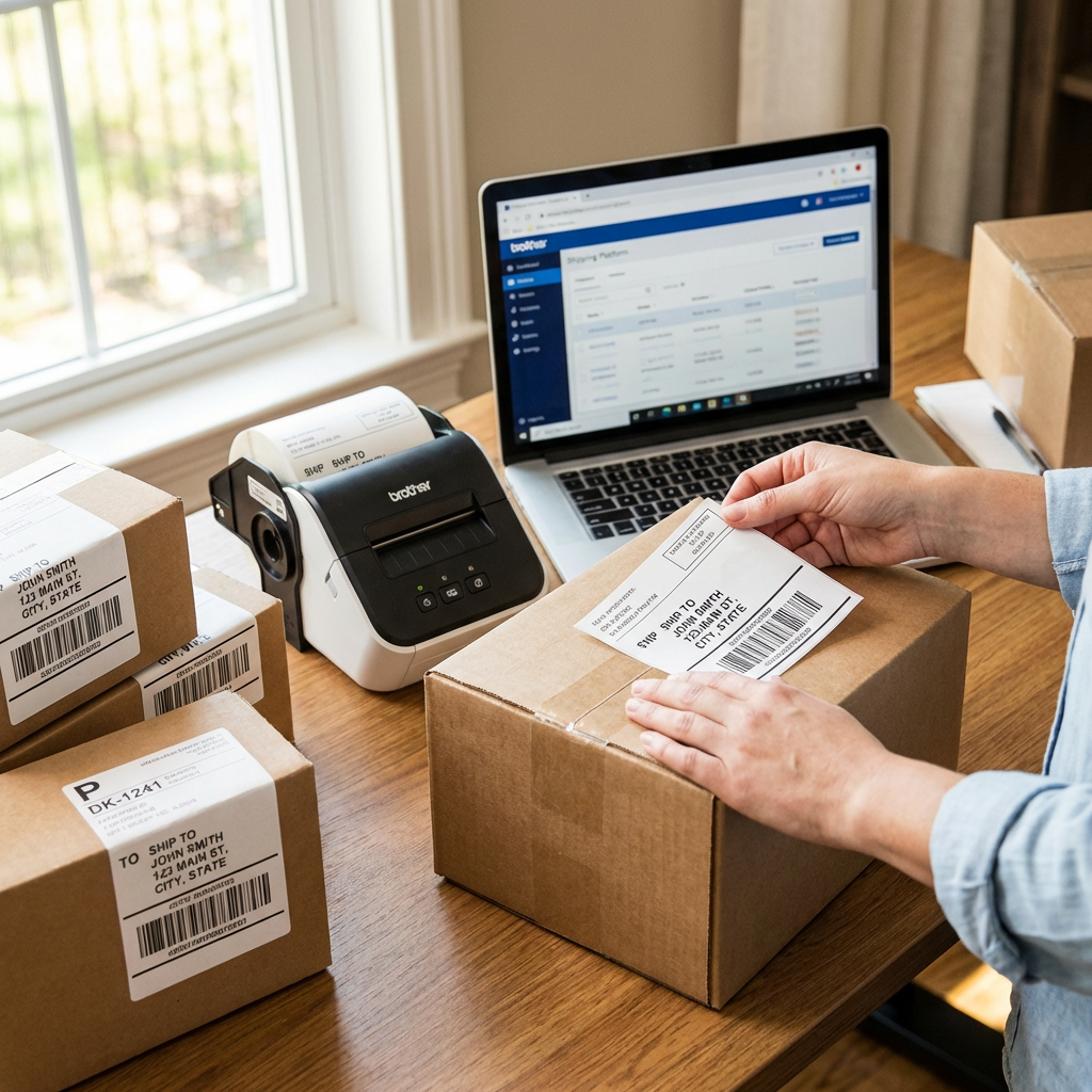 A person applies a Brother DK-1241 shipping label to a cardboard box in a bustling home office.
