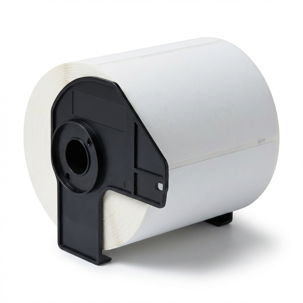Photorealistic studio photo of Brother DK-1241 label roll, angled left on white background.