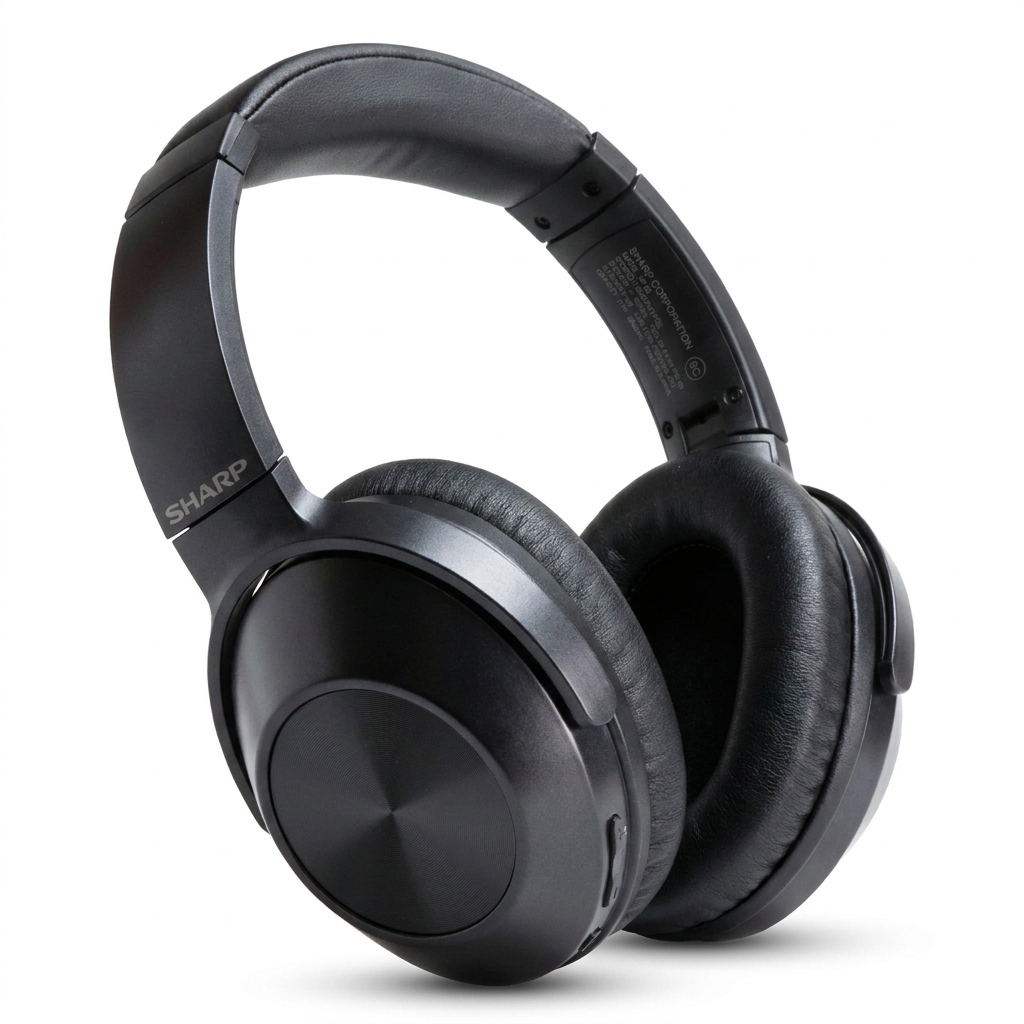 A photorealistic studio photograph of the SHARP HP-60 headphones on a white background, angled to show the left side.