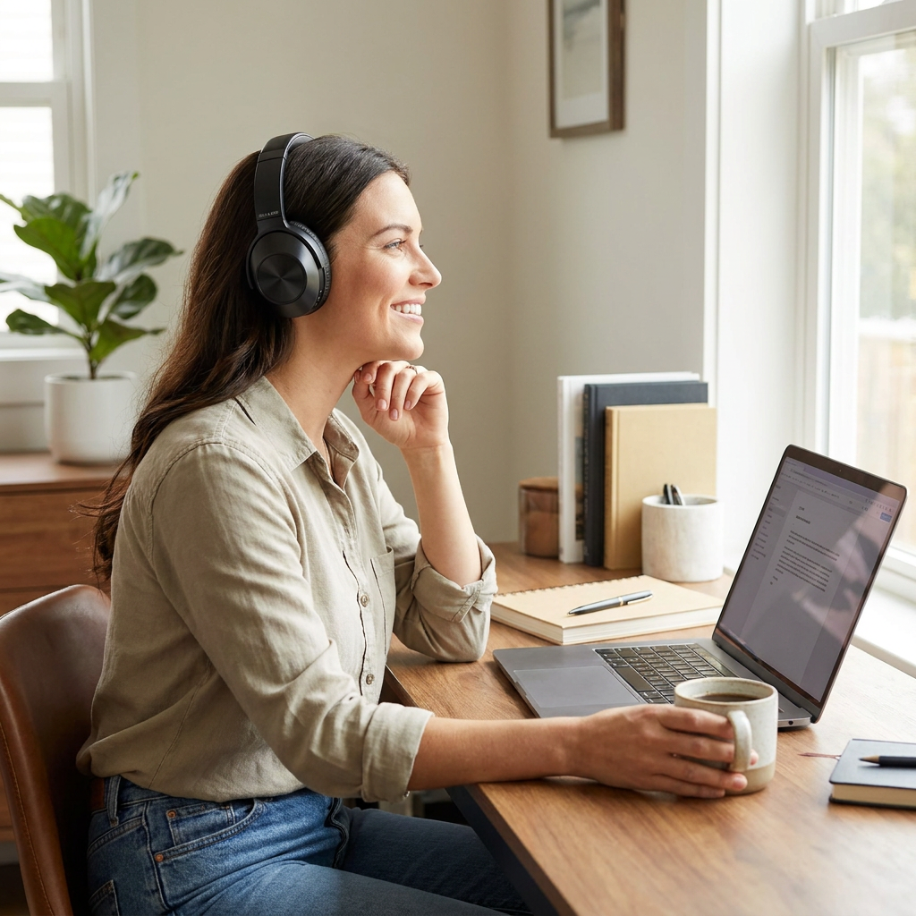 A woman smiles while wearing Sharp HP-60 wireless headphones, seated at a desk with a laptop and mug in a sunlit room.