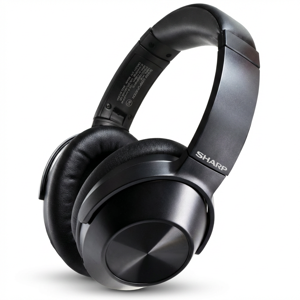 A photorealistic studio product photograph shows the black SHARP HP-60 over-ear wireless headphones centered, angled to view the right ear cup, on a pure white background with a soft shadow.