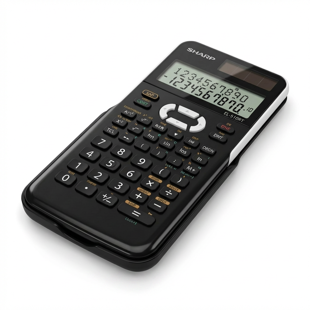 A photorealistic studio shot of the Sharp EL510RT scientific calculator, angled to show its right side on a pure white background with a soft shadow.