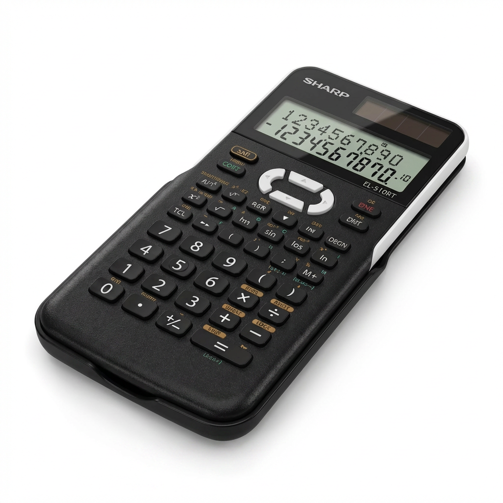 A photorealistic studio photograph of the SHARP EL510RT scientific calculator in black, angled to show the left side and top face. It is centered on a pure white background with a soft shadow underneath.