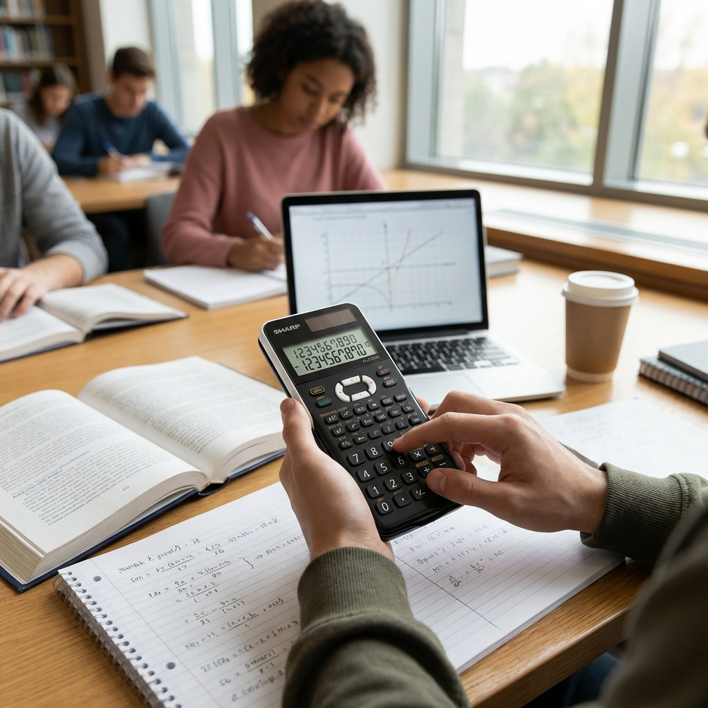 A student uses the SHARP EL510RT scientific calculator to solve equations in a university library setting.