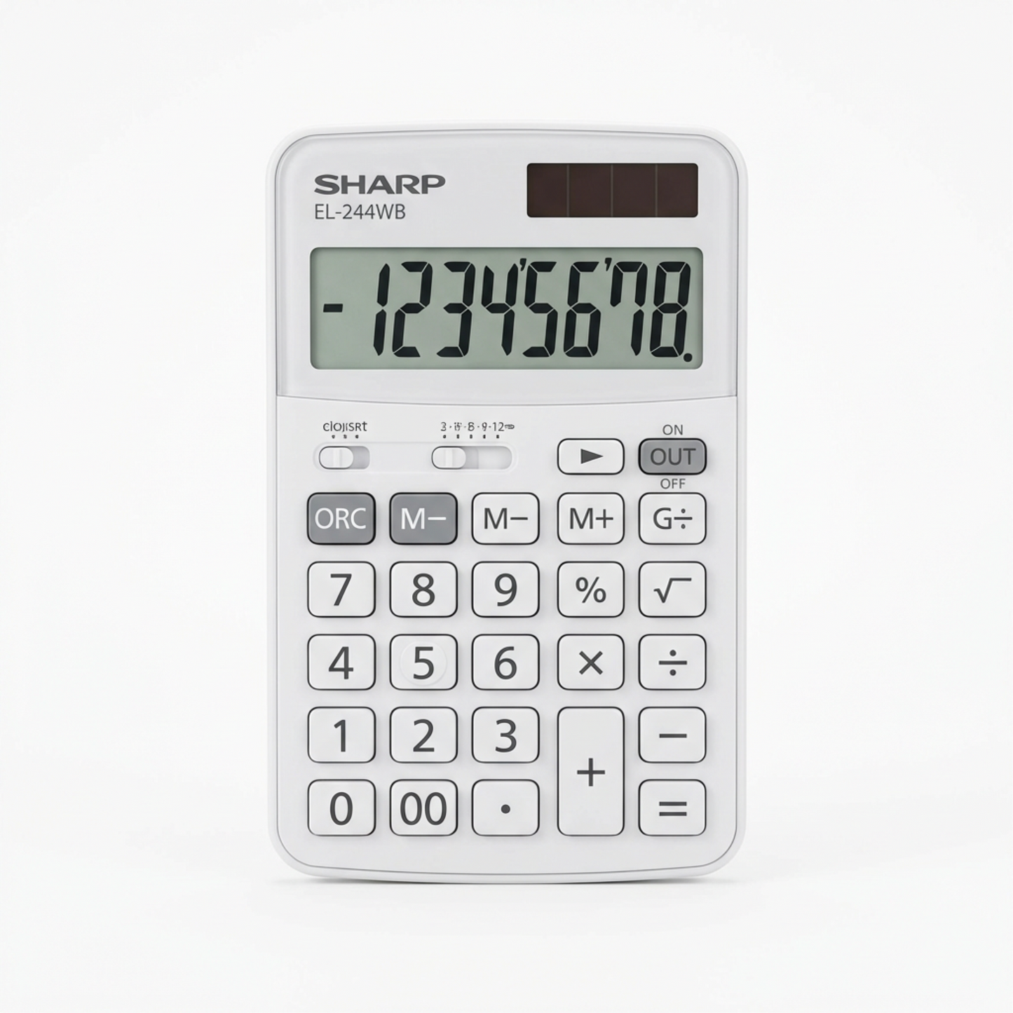 White Sharp EL-244WB pocket calculator with dual solar/battery power and a large 8-digit LCD screen.