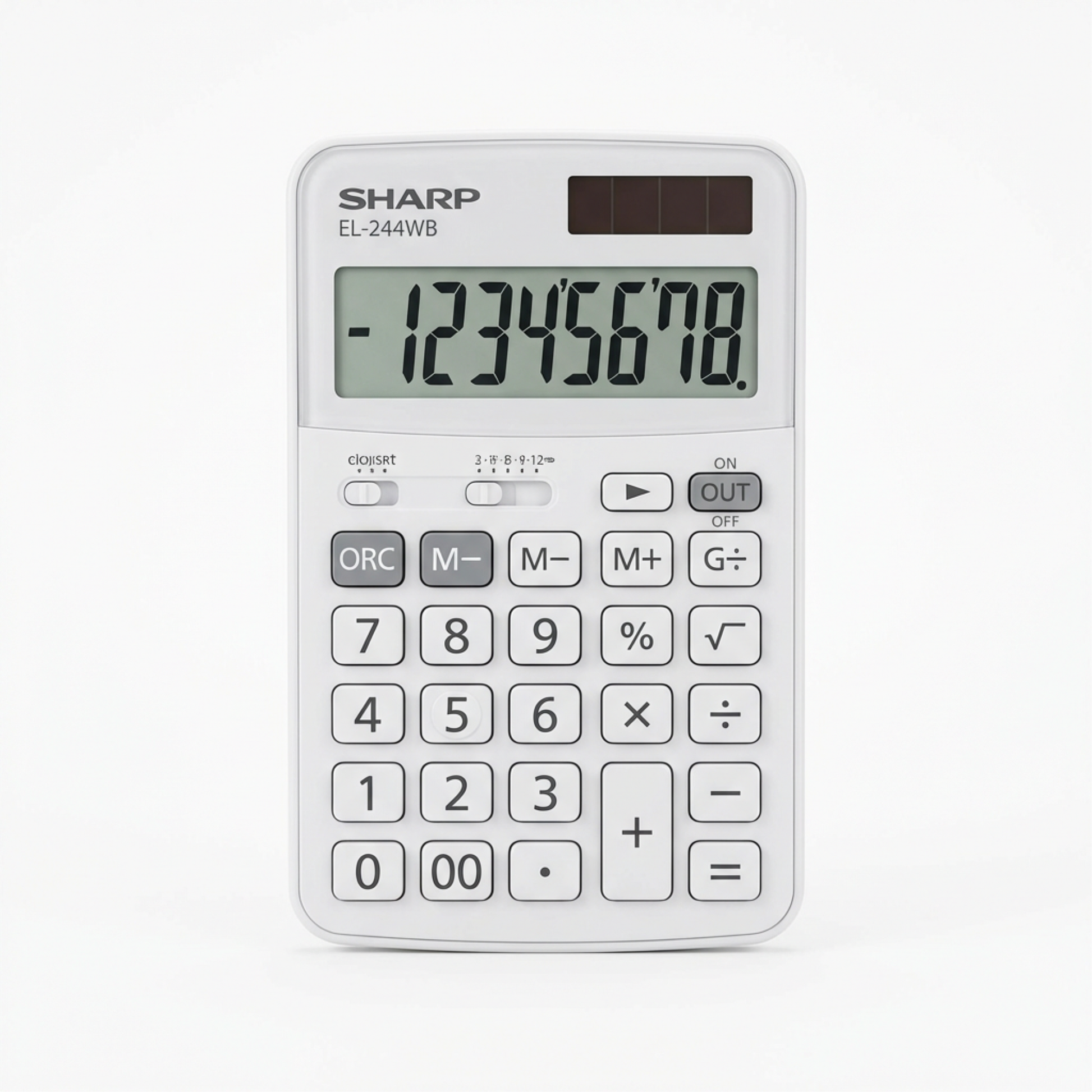 White Sharp EL-244WB pocket calculator with dual solar/battery power and a large 8-digit LCD screen.